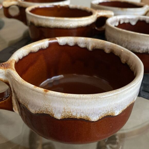 Vintage Western Stoneware Pottery Set Of 6 Brown Drip Chili Soup Mug Maple Leaf - Picture 6 of 10